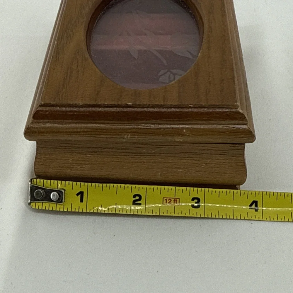 Vintage Small Wooden Jewelry Box Etched Flower Design Oval Glass Top Pink Velvet